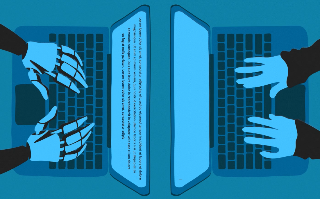A graphic illustration showing 2 laptops from overhead. One has robot hands typing, the other has human.