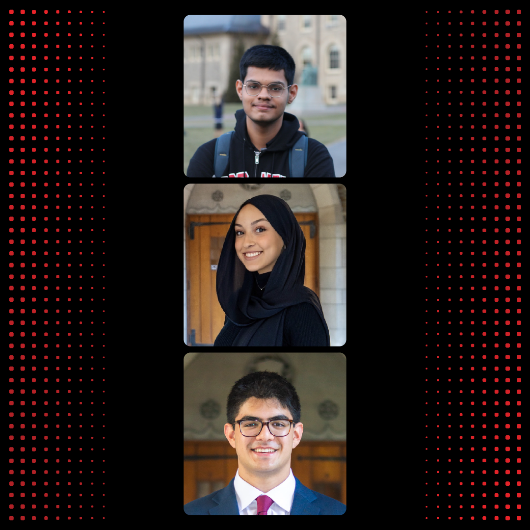 A color graphic with photos of 3 people. 2 men and 1 woman.