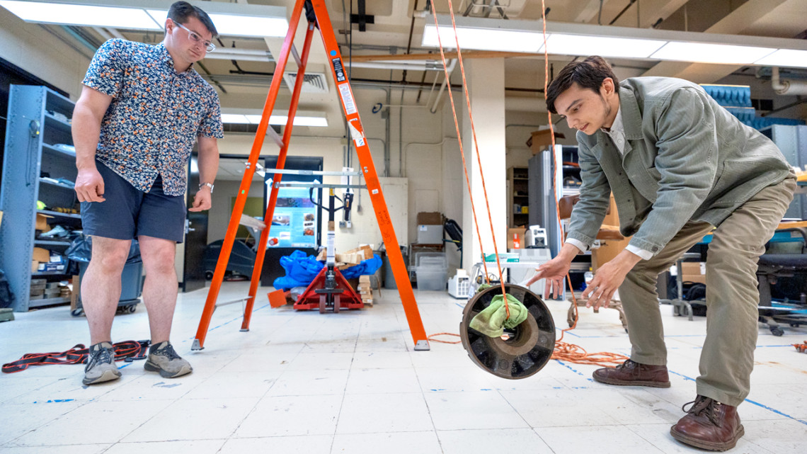 Sreang Hok/Cornell University At right, Warrior-Scholar Project student Abel Rodriguez prepares for presentations in the Space Sciences Building with instructor Baird Bankovic.