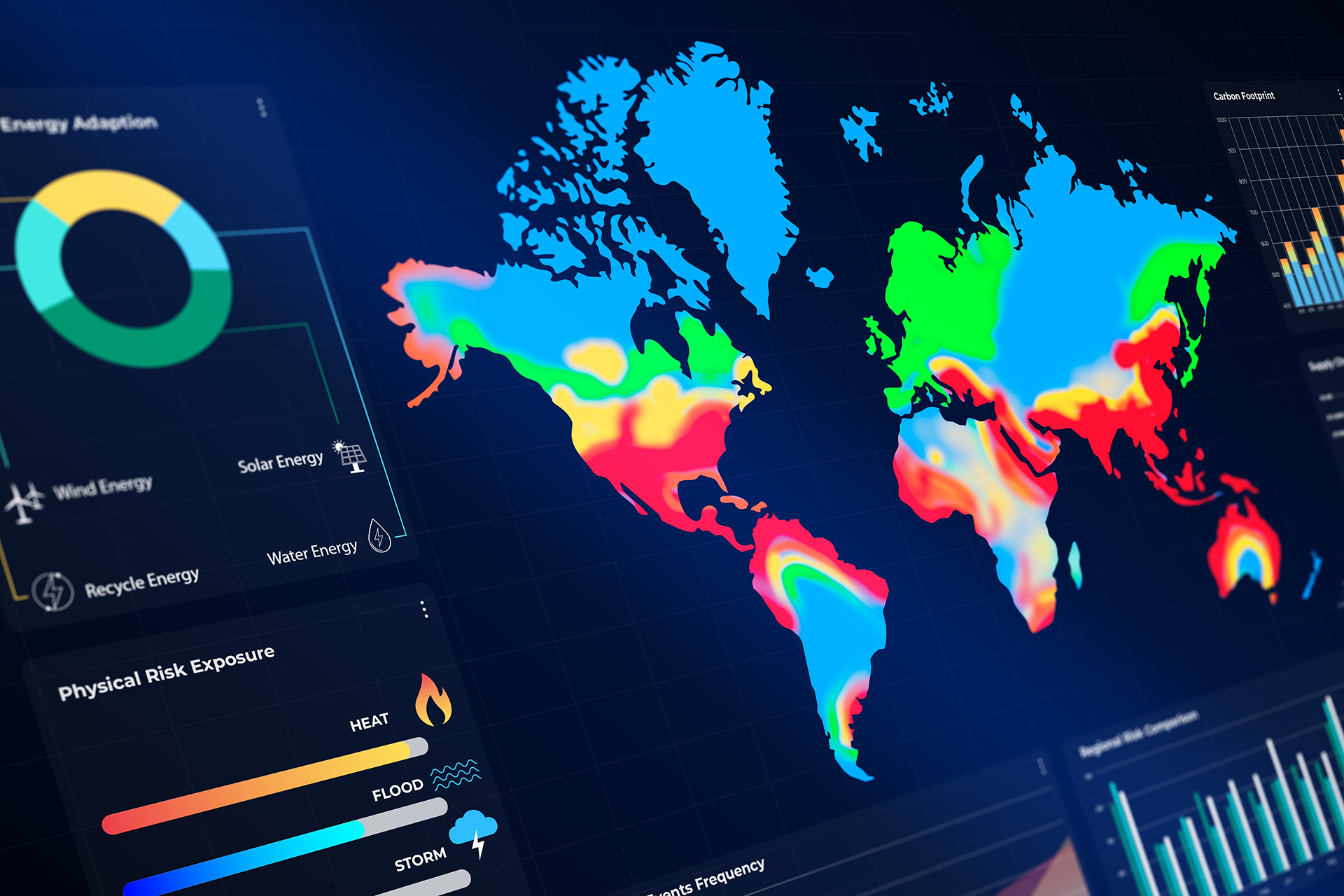 A colorful world map display showing temperature fluctuations with graphs. Shutterstock