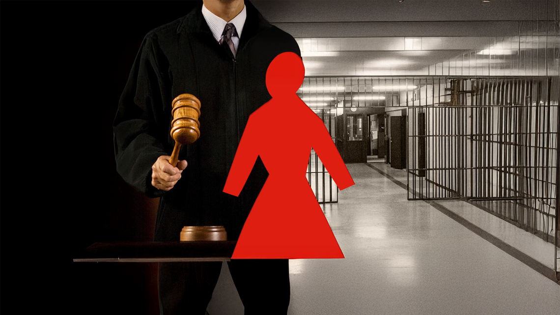 A graphic illustration showing a judge's hand with a gavel, a red silhouette of a woman, and a jail. By Laila Milevski/Cornell University