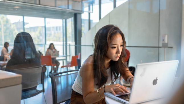 A color photo of a woman working at a laptop in Gates Hall.