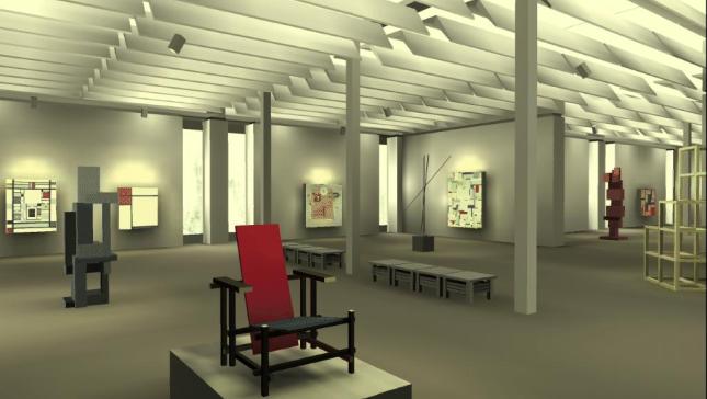 computer graphic of a museum including a red chair