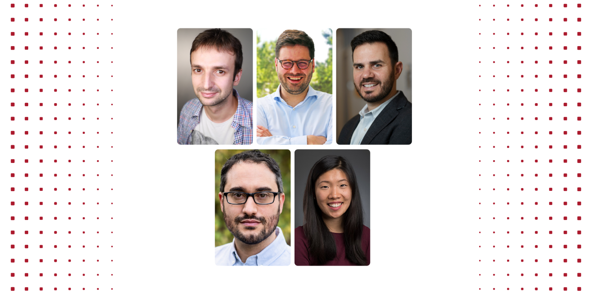 A color photo showing 5 portraits. 4 men and 1 woman.