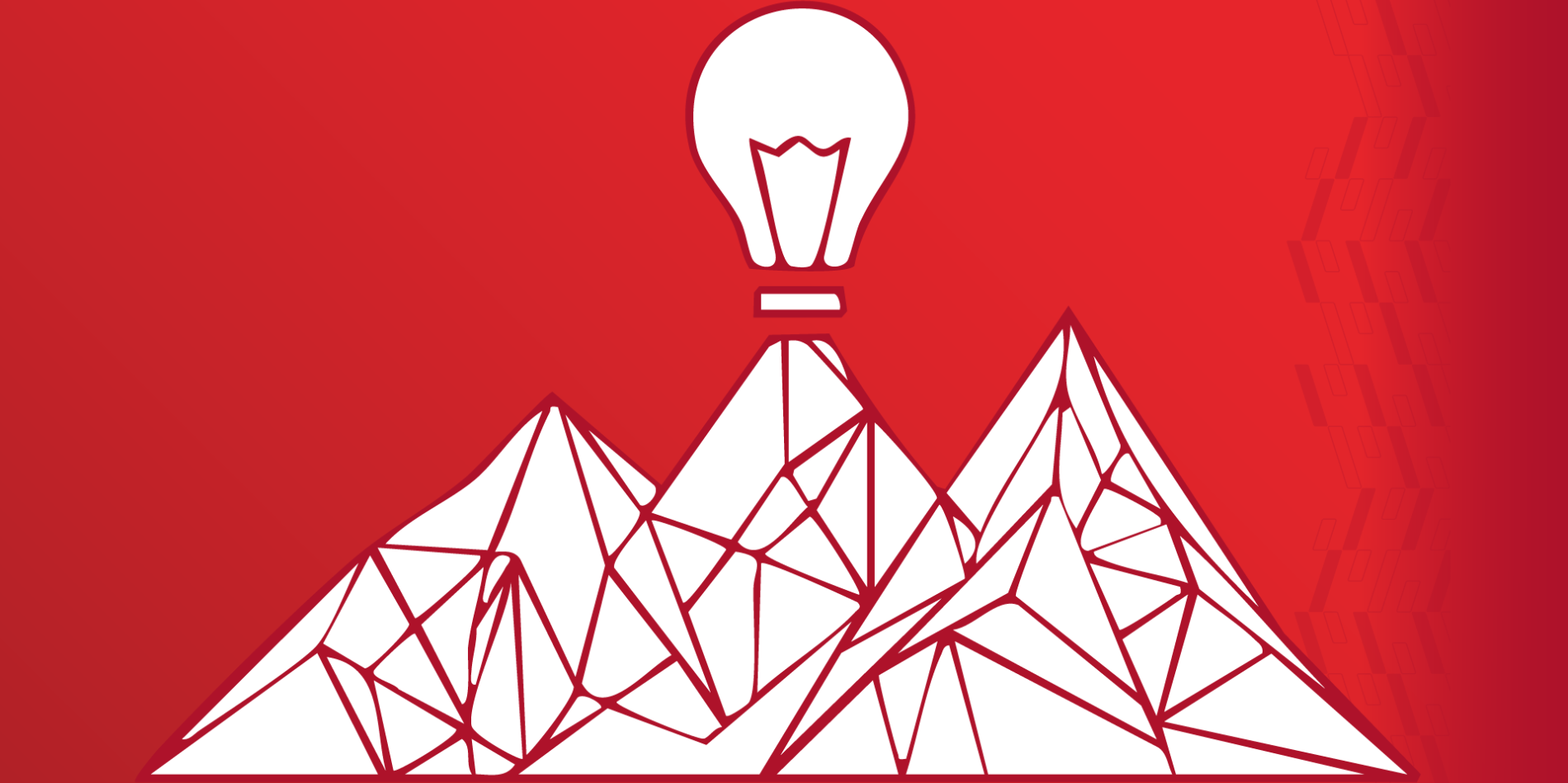 A color graphic with a mountain made up of red lines and a lightbulb at the highest peak.