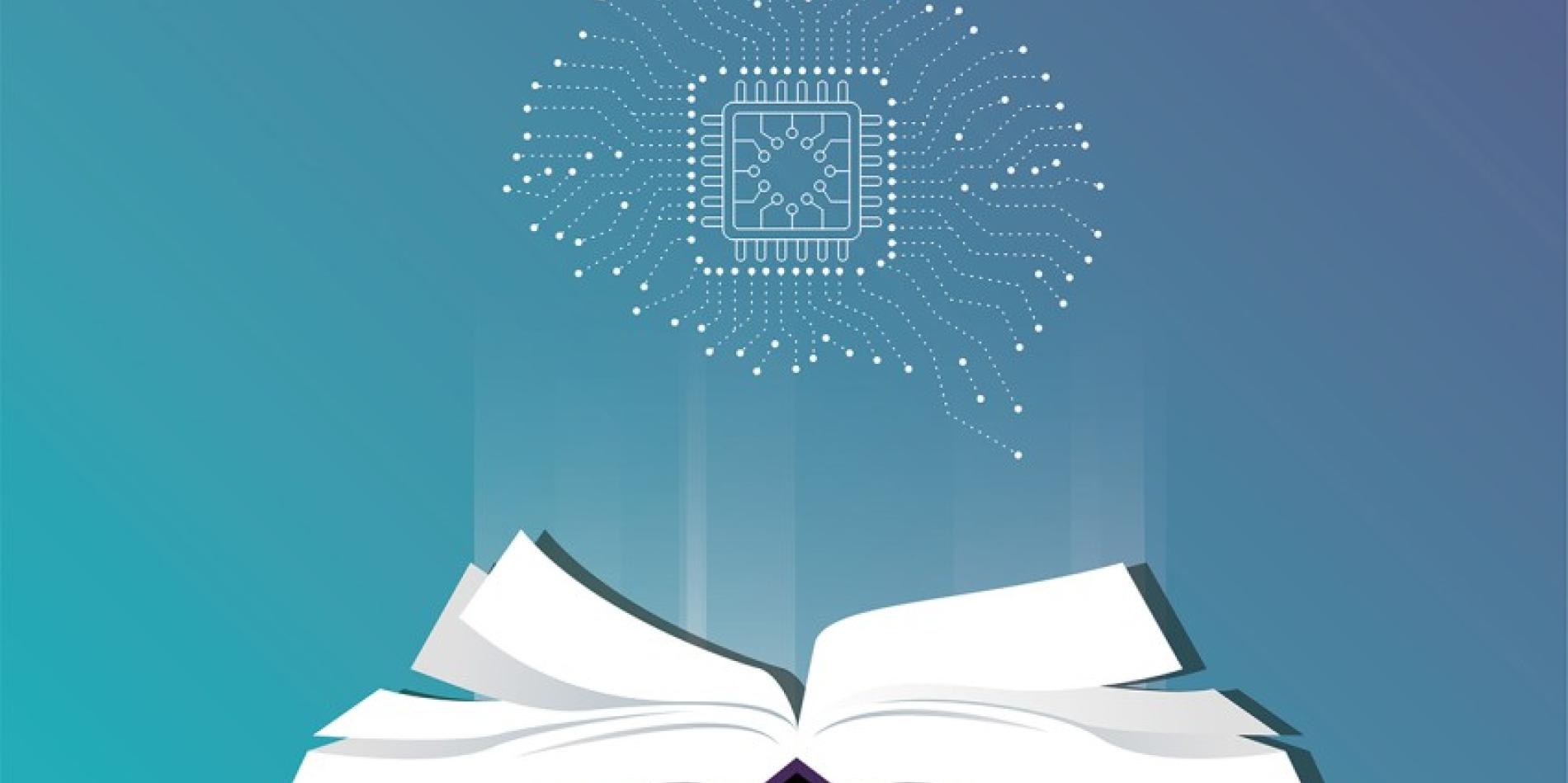 A book with white pages lies open while a brain with a computer chip in the center lies above it