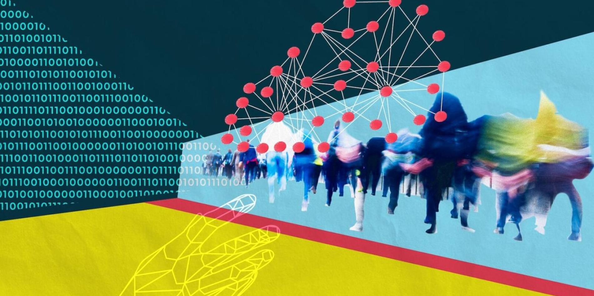 A colorful somewhat abstract collage image with binary code, a hand, a blurred crowd, and different shapes and nodes.