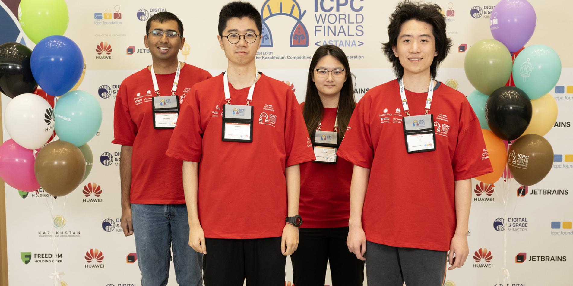 A Cornell team of Yi Xu, a second-year doctoral student in the field of computer science, Omkar Bhalerao '23, M.Eng. '24, and Tenghao Li '23, M.Eng. '24, with coach Haobin Ni, Ph.D. '24, placed first at the ICPC Greater New York Regional Contest, held October 29, 2023 at Columbia University
