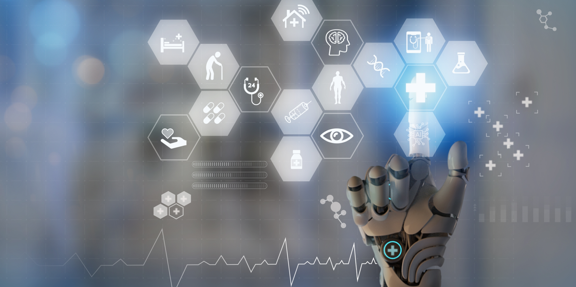 A robotic hand selects a health icon on a honeycomb projected screen