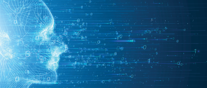 A color graphic showing the concept of "AI" with a face and numbers in a hue of blue.