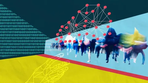 A colorful somewhat abstract collage image with binary code, a hand, a blurred crowd, and different shapes and nodes.