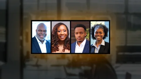 a grid of four images featuring an older black man in a suit, a black woman with brown curly hair, a young black man in a navy suit and a young black woman with short curly hair and a black suit and white collared shirt.