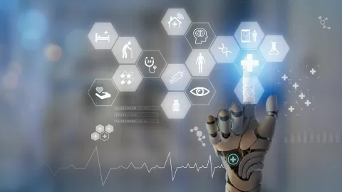 A robotic hand selects a health icon on a honeycomb projected screen
