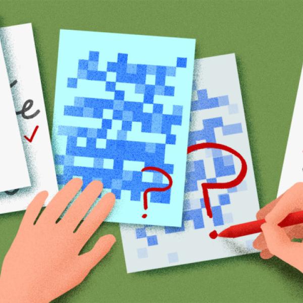 Illustration of college exams being graded with red pen