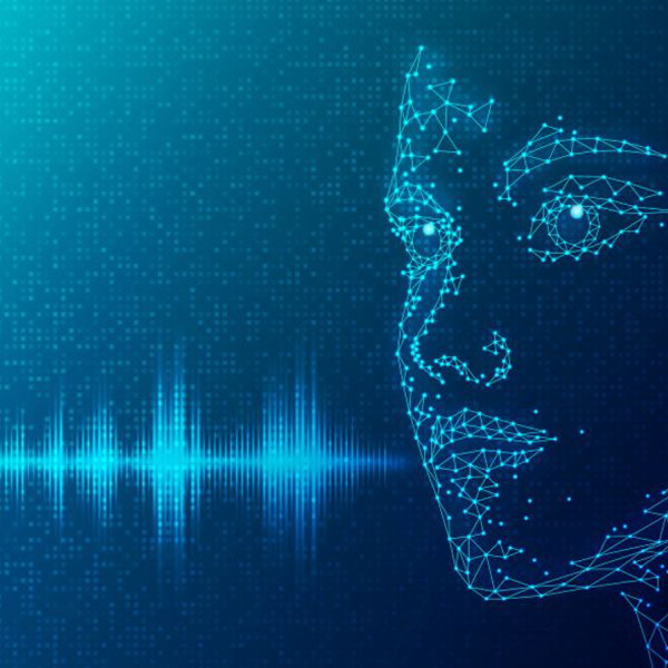 A blue pixelated face of a woman appears to the right of a blue soundwave