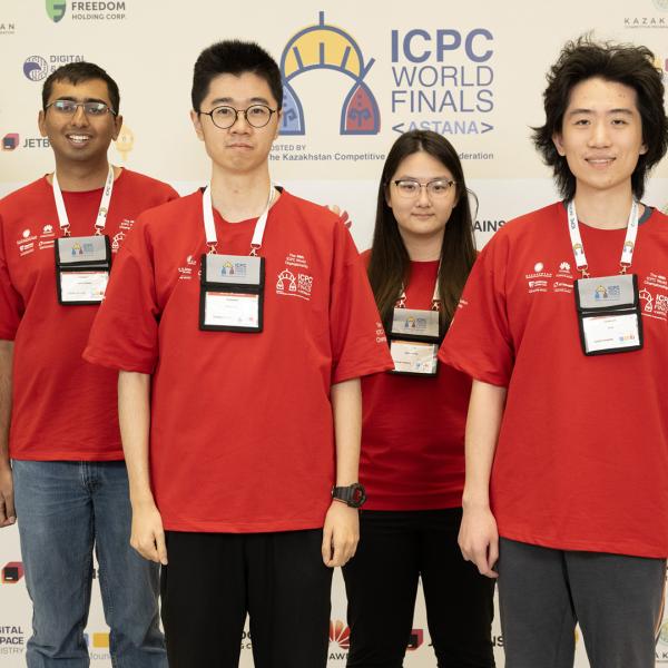 A Cornell team of Yi Xu, a second-year doctoral student in the field of computer science, Omkar Bhalerao '23, M.Eng. '24, and Tenghao Li '23, M.Eng. '24, with coach Haobin Ni, Ph.D. '24, placed first at the ICPC Greater New York Regional Contest, held October 29, 2023 at Columbia University