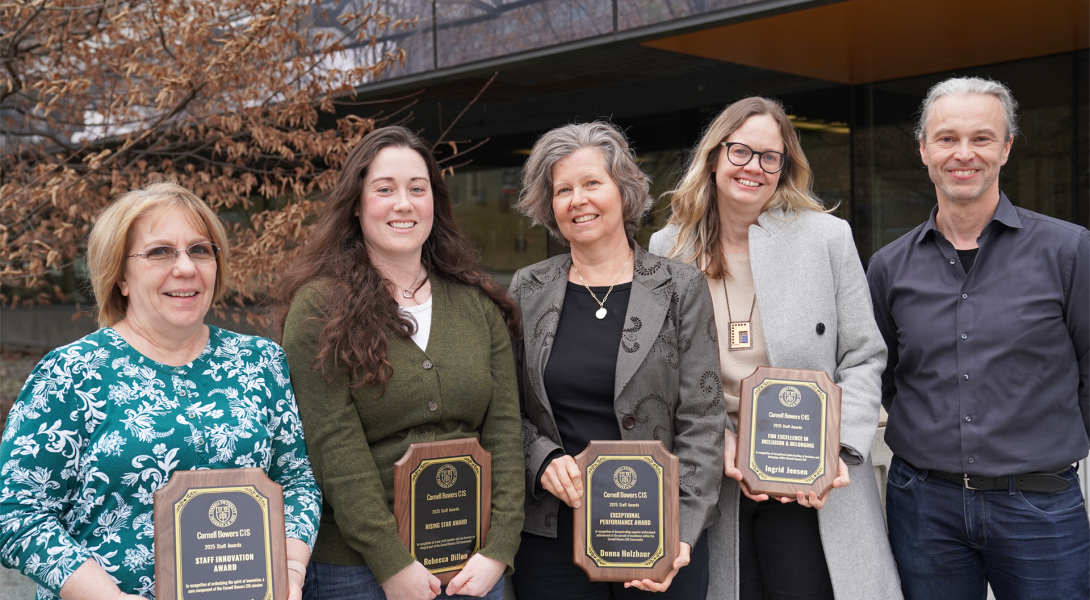 Five awardees stand outside Gate's hall.