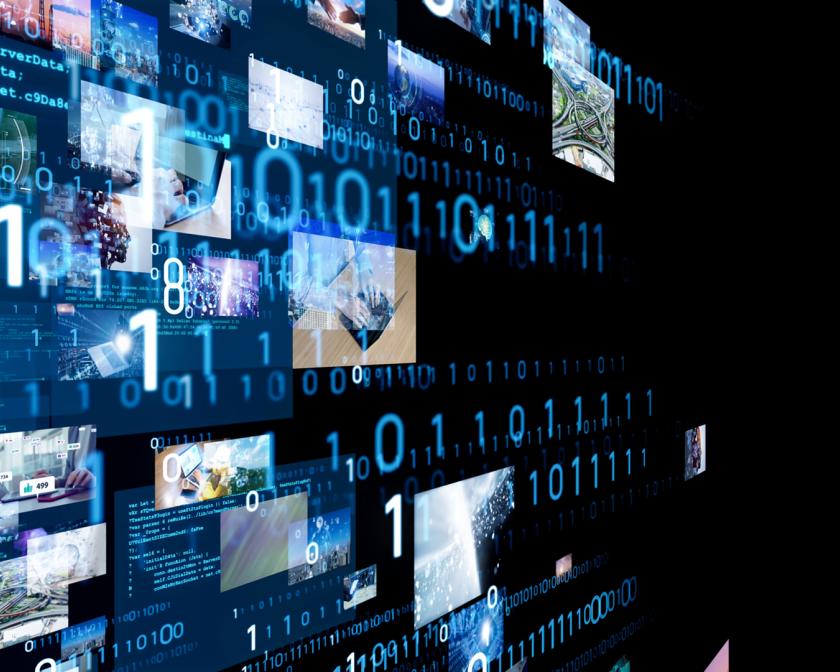 overlapping data points, numbers, photos on a black screen