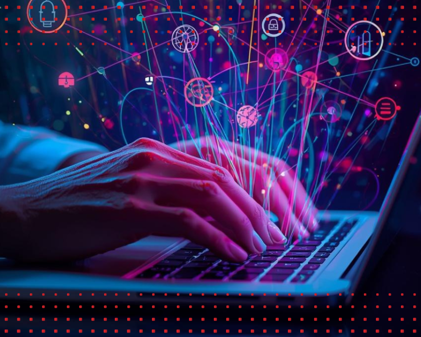 A color graphic with a person's hand typing on a laptop with colorful lines and shapes coming from the keys.
