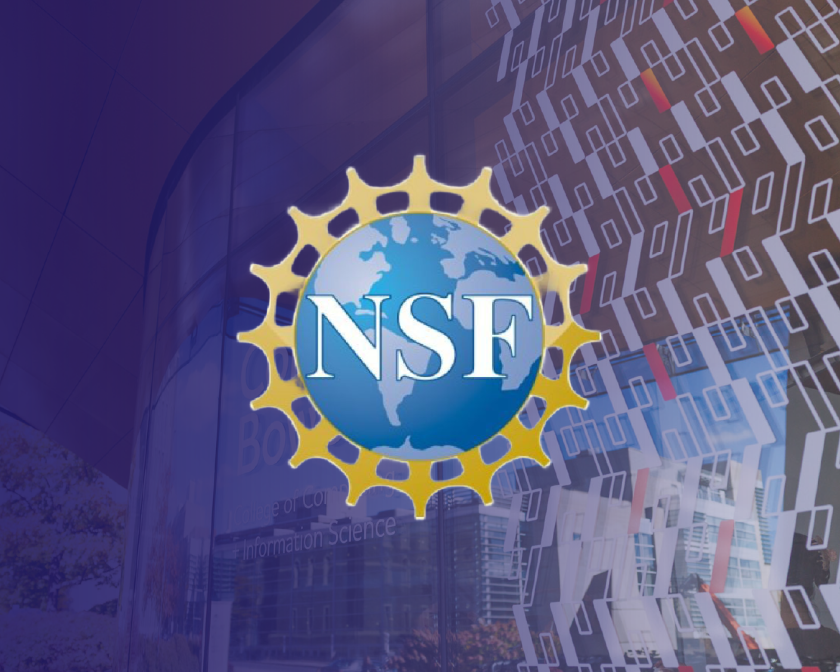A color graphic with the NSF logo and a photo of a window graphic at Gates Hall.