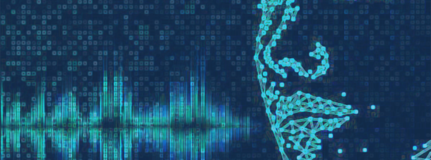 light blue and dark blue pixelated soundwaves move to a face outline on the right 