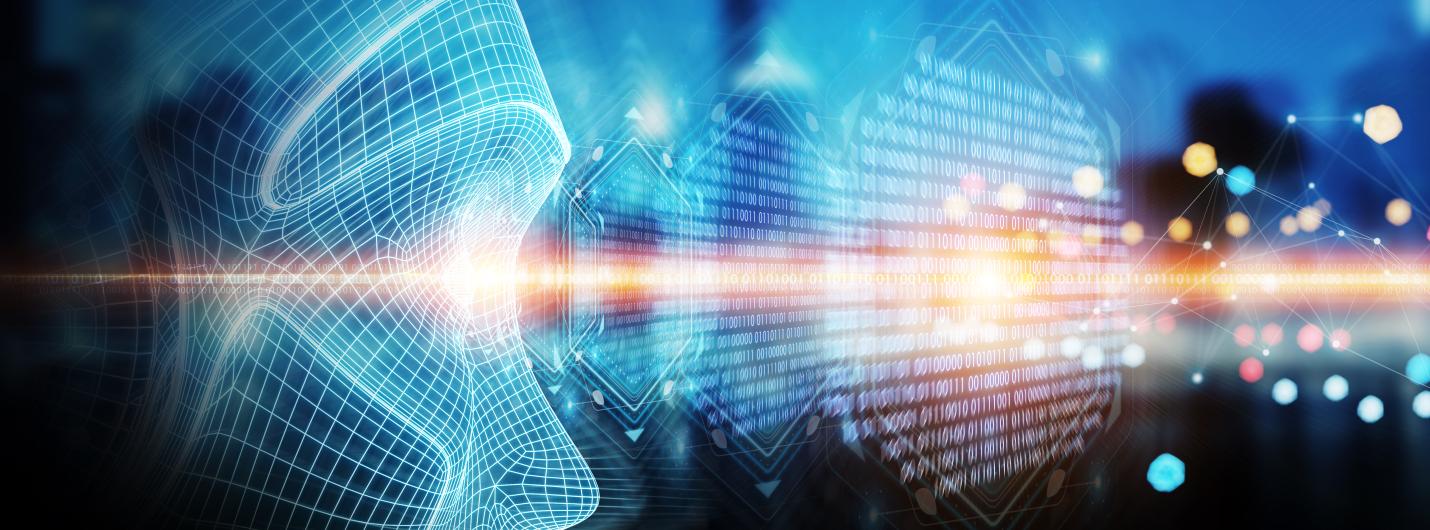 light blue pixelated face outline looks right towards a beam of yellow slight and bright data sets