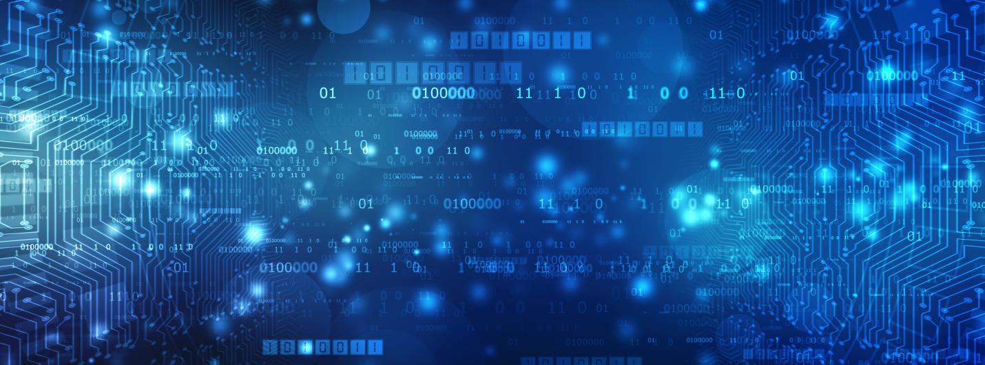 light and dark blue pixel, numbers and data intersect on a black background