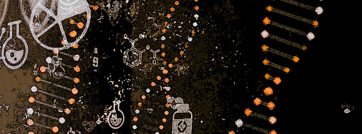 orange and white pixelated DNA helices over a dark background overlapping with gray images of chemistry and biology imagery like beakers, tubes. 