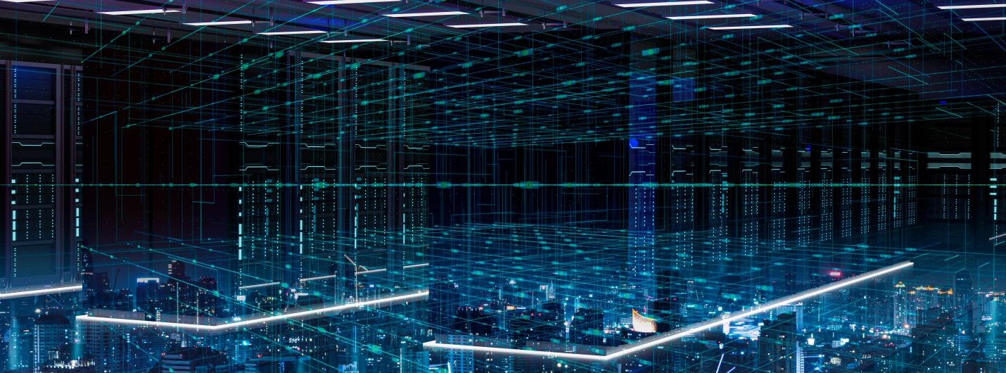 stacks of blue pixelated data intersected by lines on a black background