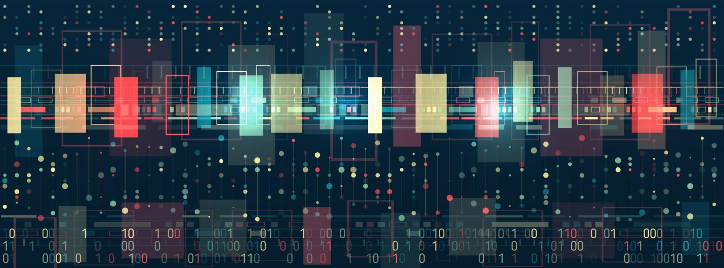 pixelated red, blue and yellow squares floating in the middle of pixels and data on a black background