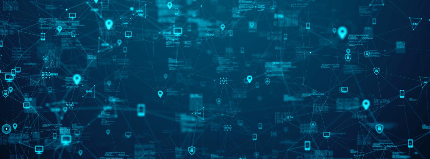 a web of symbols interconnecting on a blue background