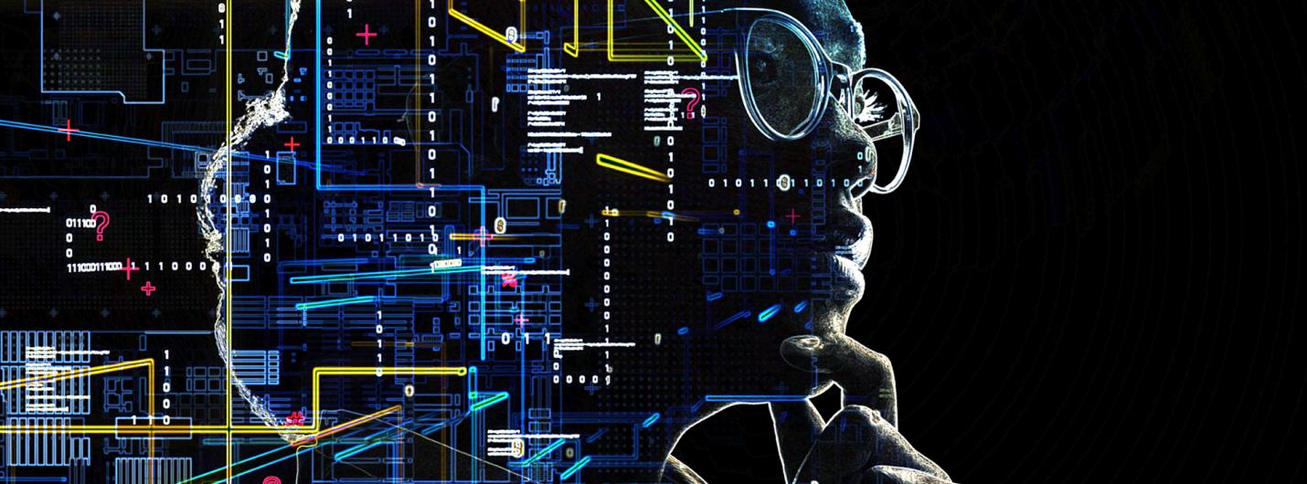 blue, yellow and white lines and networks intersect and merge into an outline of a human face with glasses on with the hand touching the chin