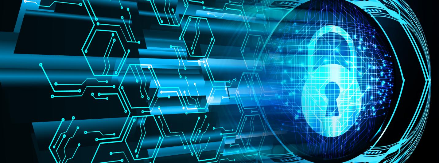 blue hexagons comprised of pixels intersect into a large blue lock symbol surrounded by a blue circle