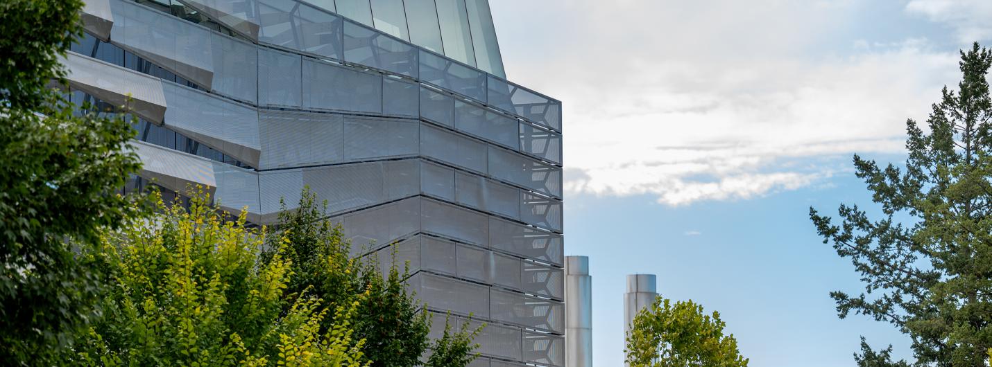 Gates Hall through trees