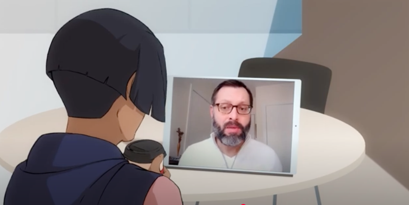 a drawing of dark skinned man with long black hair looking at a computer screen with a man with a beard speaking